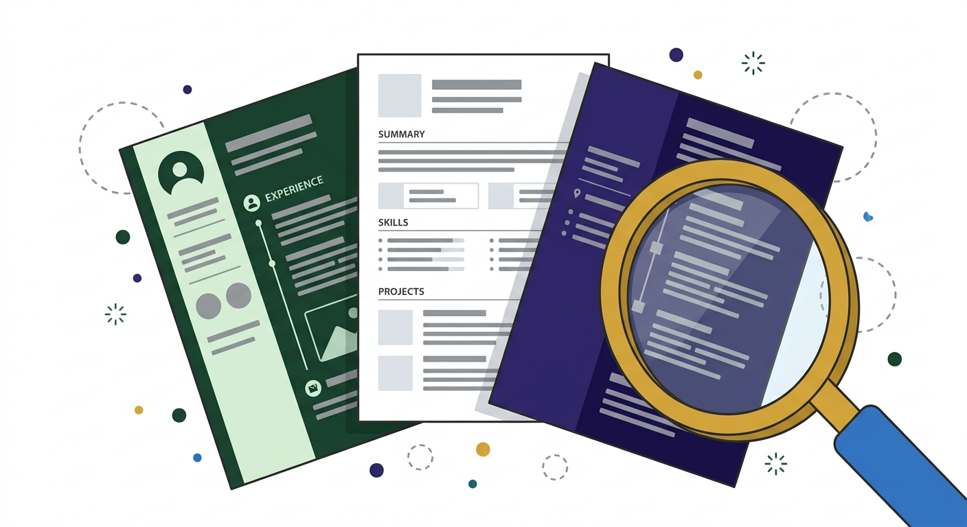 Illustration of three résumé pages fanned out under a magnifying glass