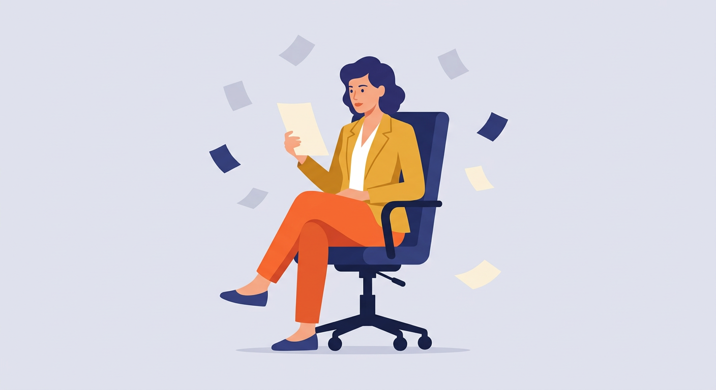 Illustration of a recruiter in a yellow blazer reading a résumé page